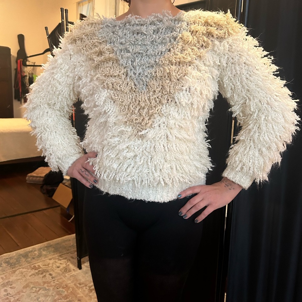 Women's Cream and Gray Fuzzy Sweater